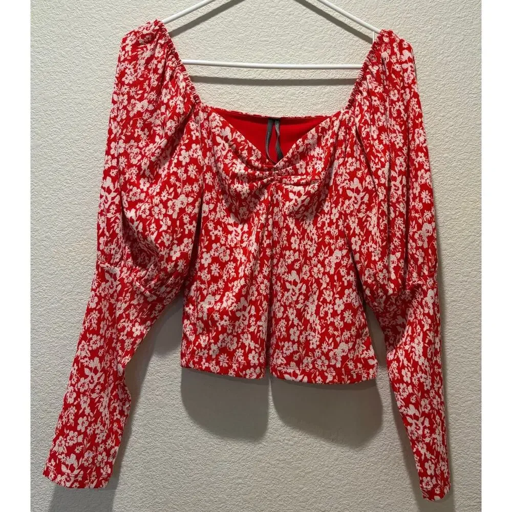 Anthropologie Red White Floral Puff Long Sleeve Pullover Blouse Size S